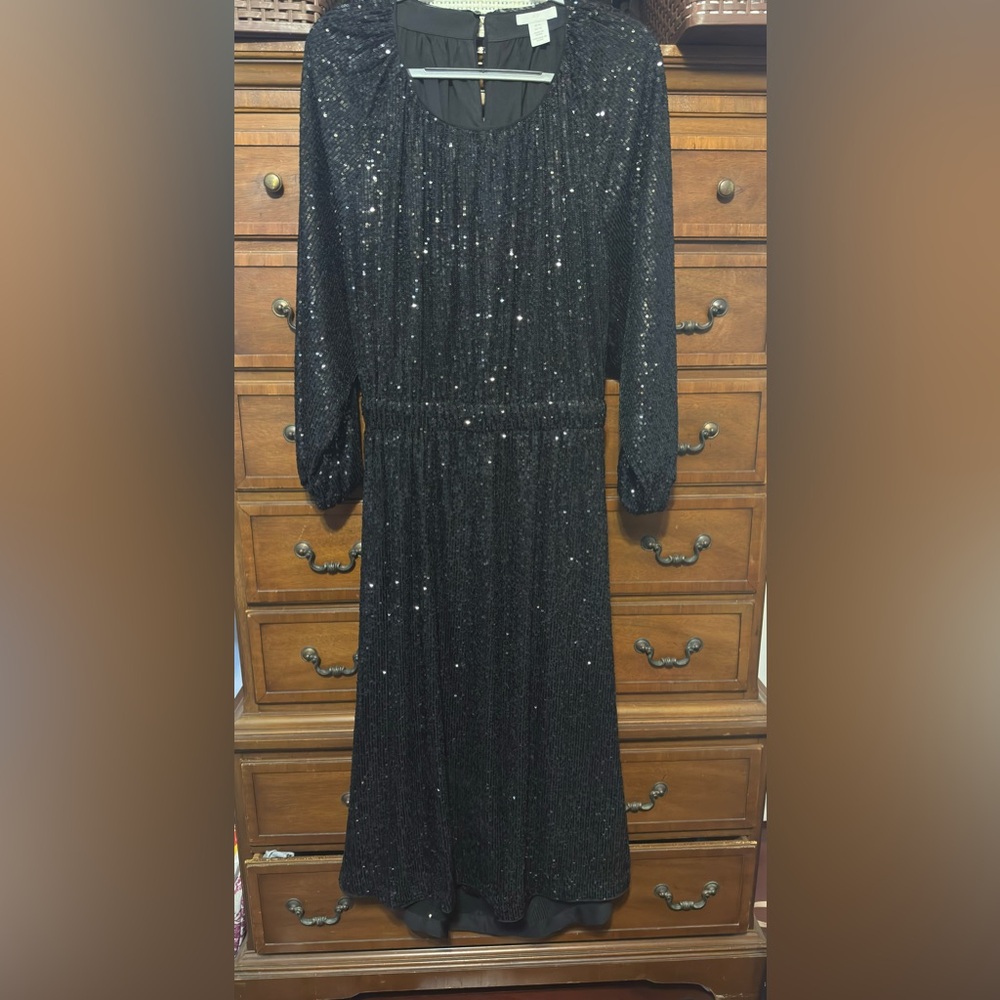 H&M Black Sequin Midi Dress XL Long Sleeve Cut Out Back Party Sparkly Cocktail